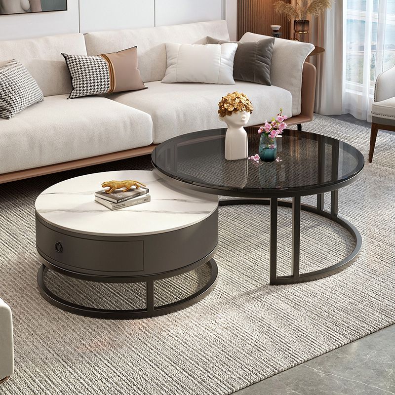 Round Nesting Coffee Table Set Frame Glass Coffee Table with Drawer