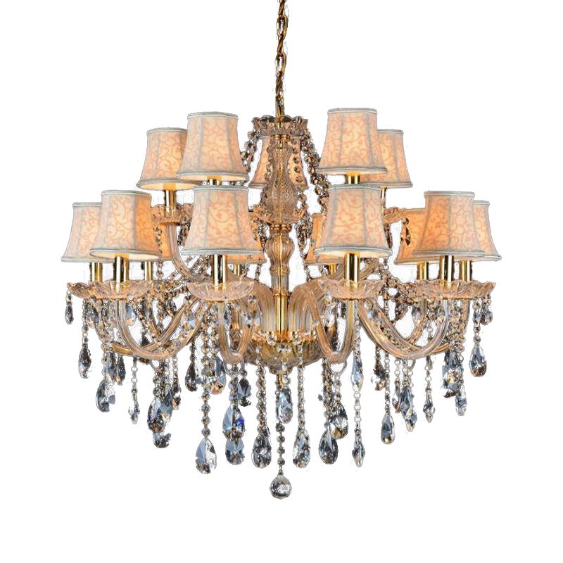 Armed Clear K9 Crystal Pendant Chandelier Rustic 6/8/10 Heads Beige Hanging Ceiling Light with Flared Fabric Shade