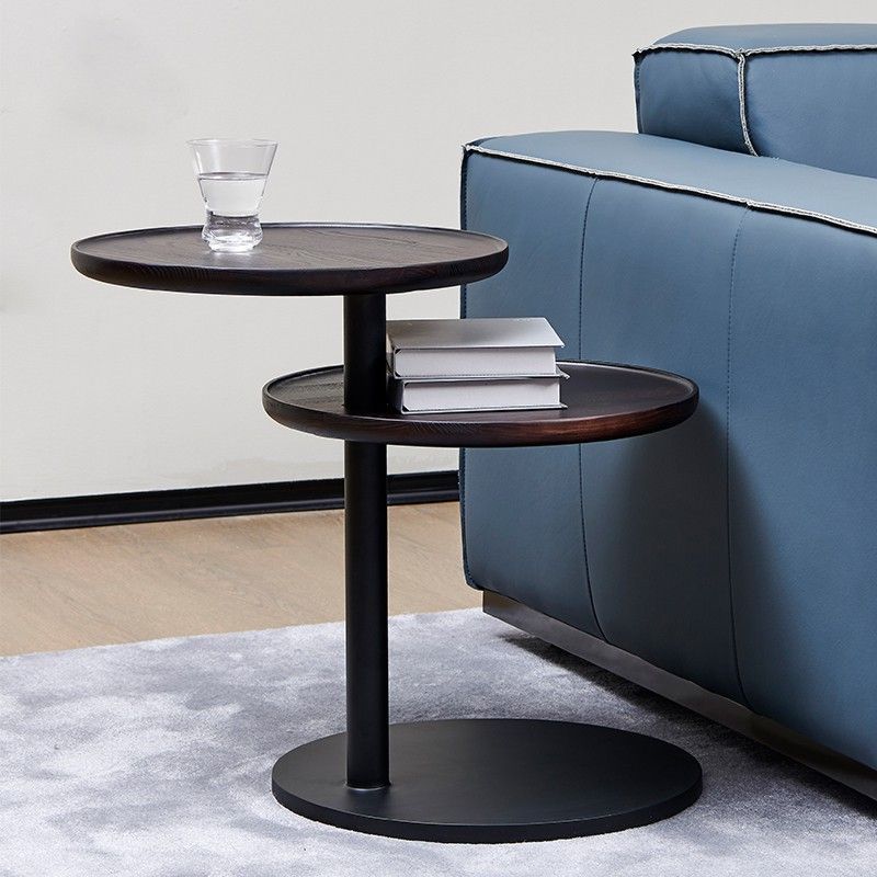 Modernistic Living Room Double Tier Round with Storage Pedestal Wood Side Table