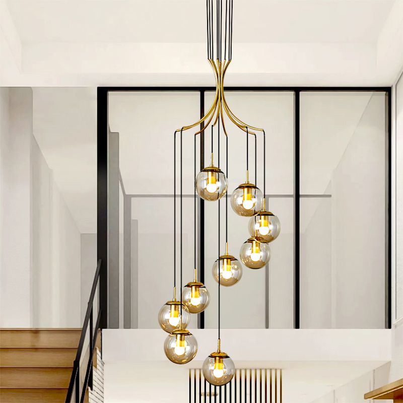 Modern Minimalist Multiple Globe Shade Pendant Light Gold Metal Long Hanging Lamp for Living Room