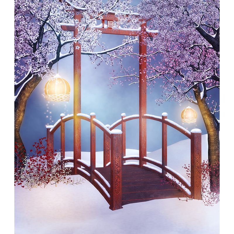 Giant Modern Wall Mural in Red Flower and Bridge Wall Art, Custom Size Available