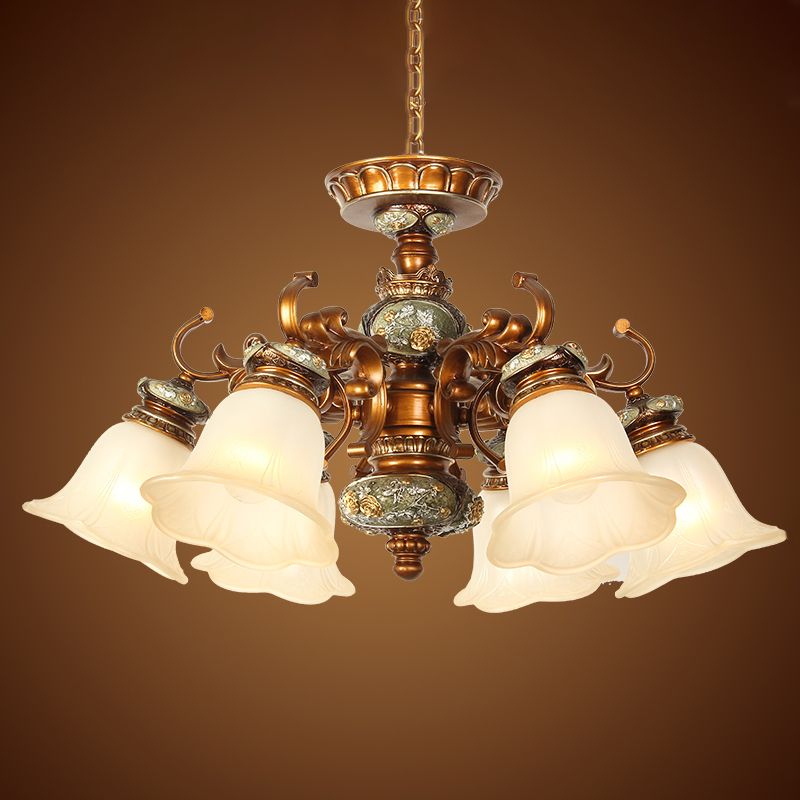 6/8 Bulbs Hanging Chandelier with Floral Shade Milky Glass Vintage Style Guest Room Ceiling Hang Fixture in Brown