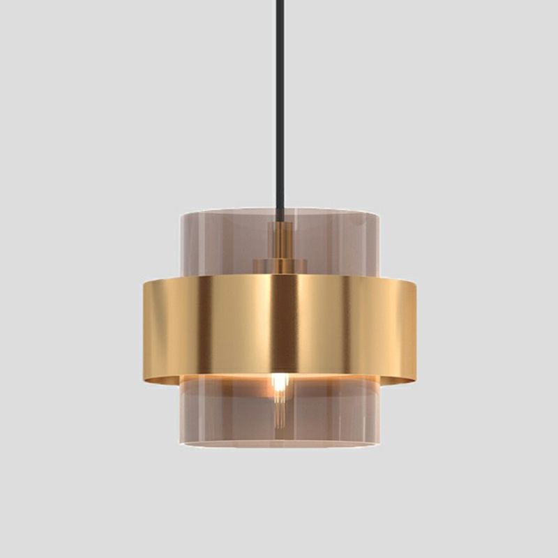 Cognac Glass Cylindrical Pendant Light Fixture Nordic 1 Head Hanging Lamp with Gold Ring Guard