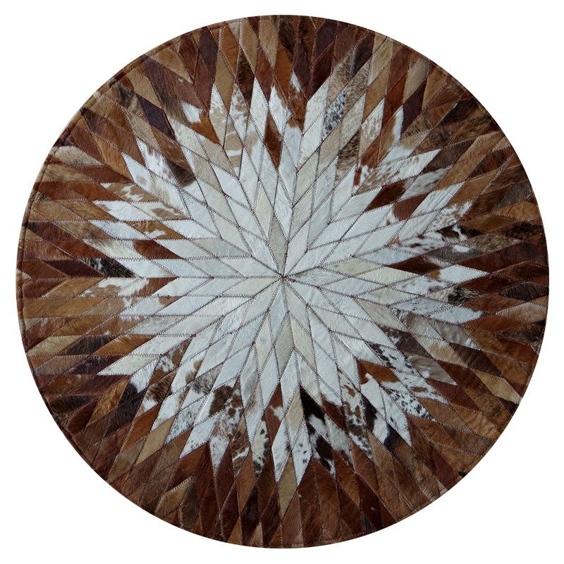 Brown Tone Geometric Print Carpet Cowhide Splicing Carpet Washable Round Rug for Living Room