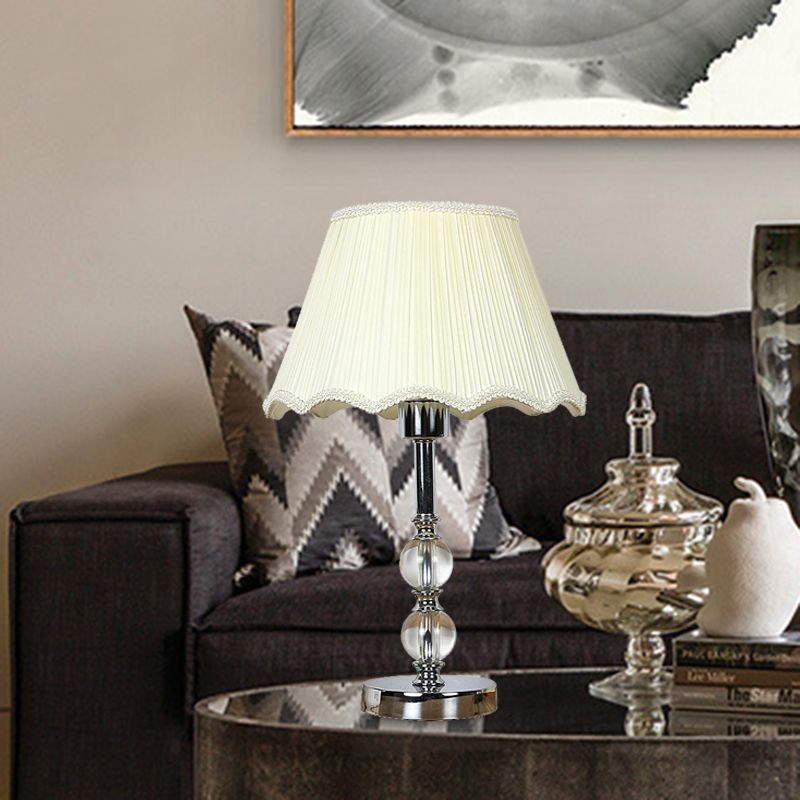 White Scalloped Night Lamp Traditional Fabric Single Head Bedroom Table Light with Crystal Ball Accent
