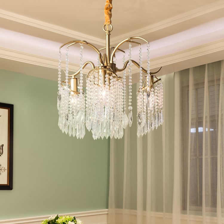 French Style Gold Chandelier Light with Clear Crystal Drops Metal Multi Light Pendant Light for Living Room