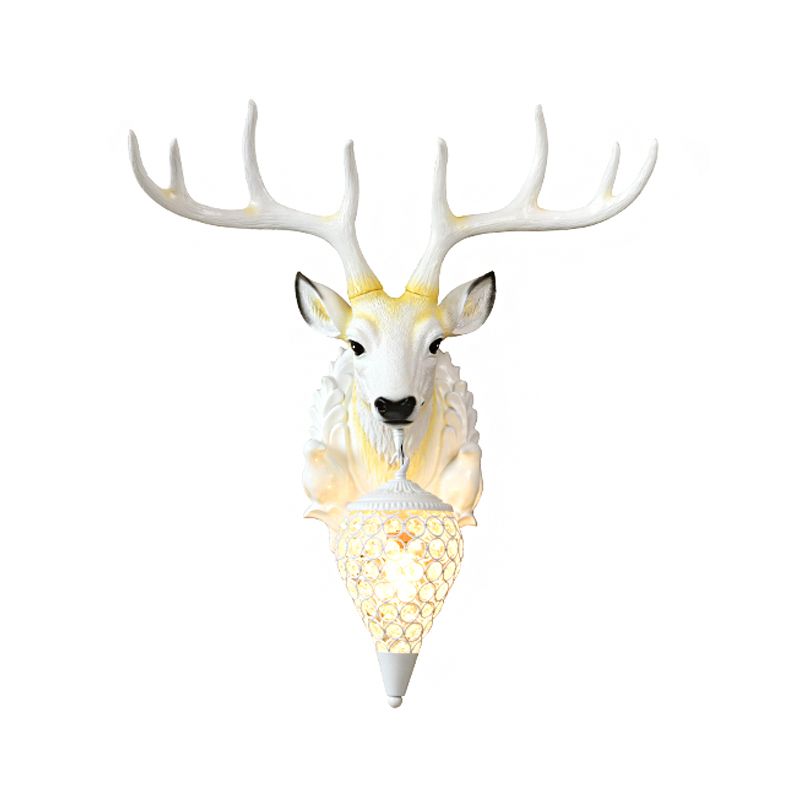 Country Oval Wall Mounted Lamp Single Light Beveled Crystal Wall Lighting Idea with Deer Head Design in White