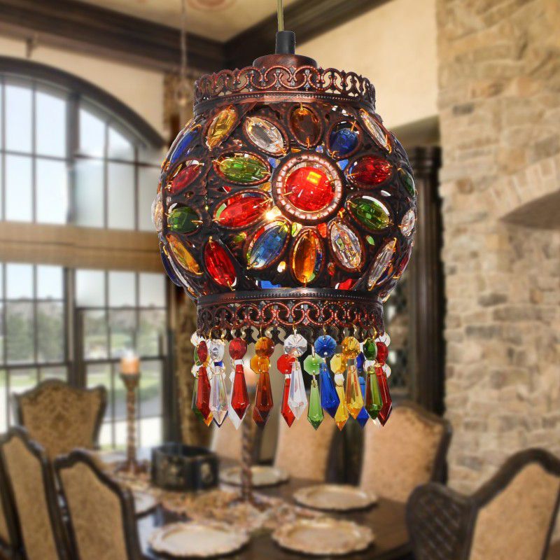 Copper Spherical Hanging Lamp Kit Bohemian Metal 1 Head Dining Room Suspension Light