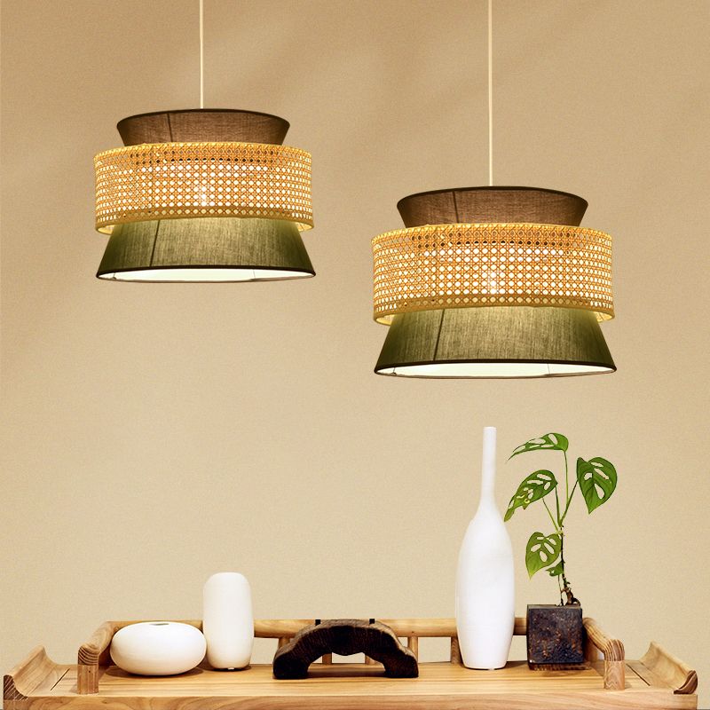 Abgestufte Rattan -Suspension Licht Einfachheit Single Blackish Green Pendelleuchte Leuchte