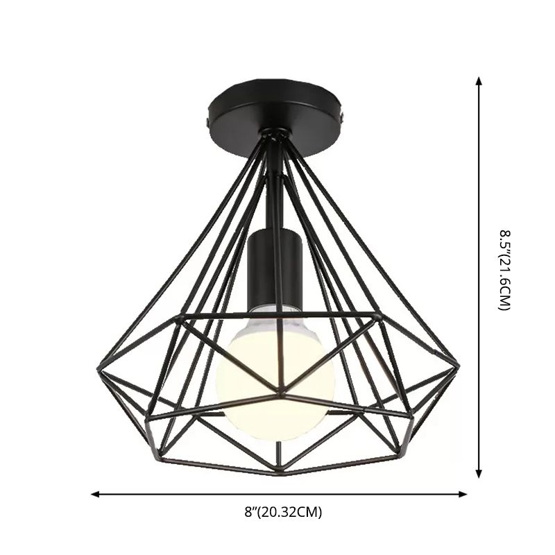Black Close to Ceiling Lighting Industrial Metal Cage Diamond Ceiling Light Fixture