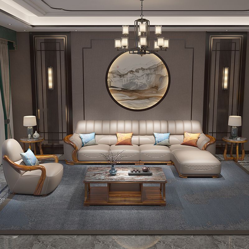 Solid Wood L-Shape Sectional Sofa Genuine Leather 3/4-Seat Sofa with Chaise