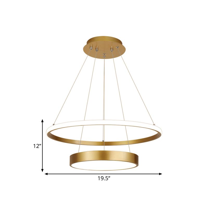 2-Tier Ring Metallic Drop Lamp Minimalist LED Gold Chandelier Lighting Fixture in Warm/White Light