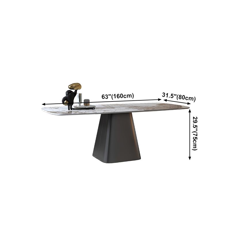 Mesa de comedor rectangular de lujo tradicional de metal, mesa superior de piedra sinterizada con base de pedestal
