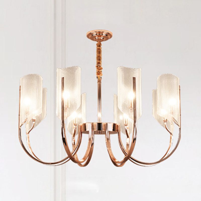 Araña de araña de estilo posmoderno de oro rosa con textura de diamante de brazo de ángulo ajuste de iluminación de sombra acrílica para sala de estar