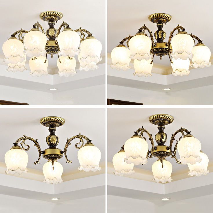 Lámpara semi rascilla de múltiples cabezas iluminación de techo de dormitorio tradicional con sombra de vidrio de flores