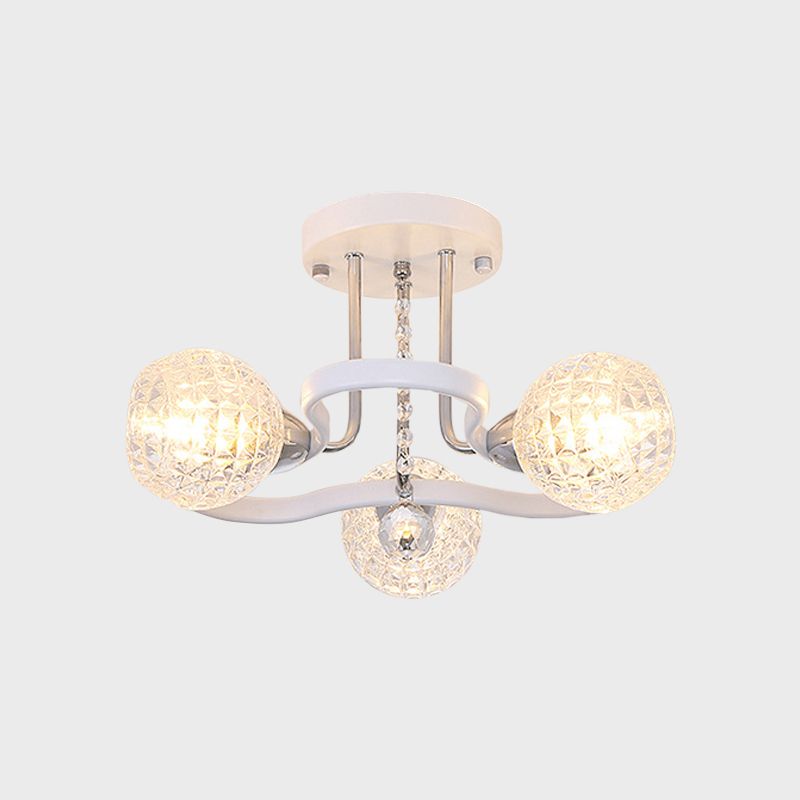 Clear Lattice Glass Ball Semi Flush Modernism 3/5 Lights Bedroom Ceiling Mounted Light in White
