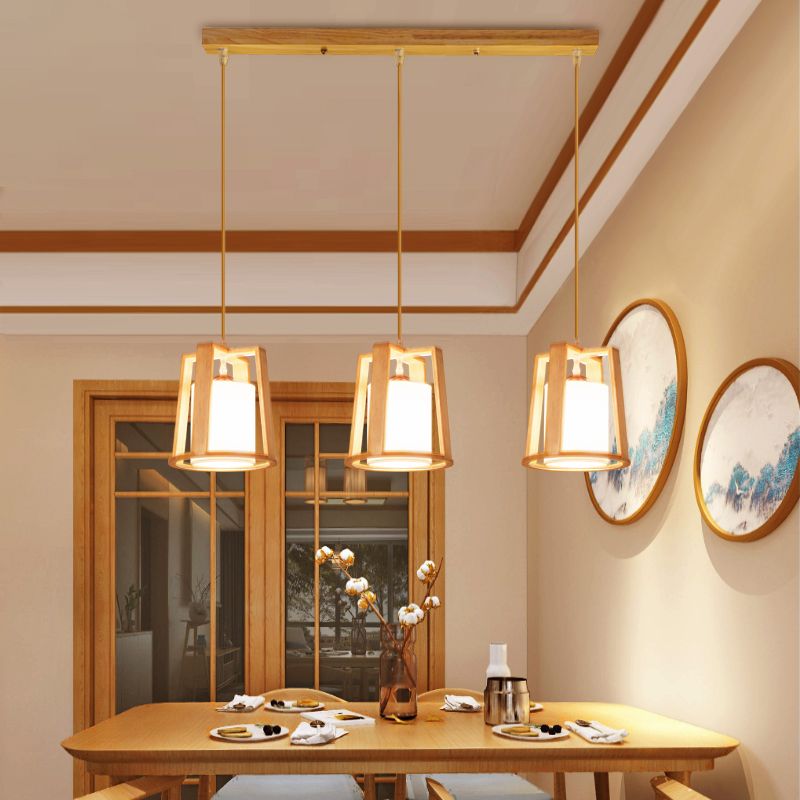 Modern Creative Pendant Light Wooden Geometric Hanging Lamp with White Fabrics Shade