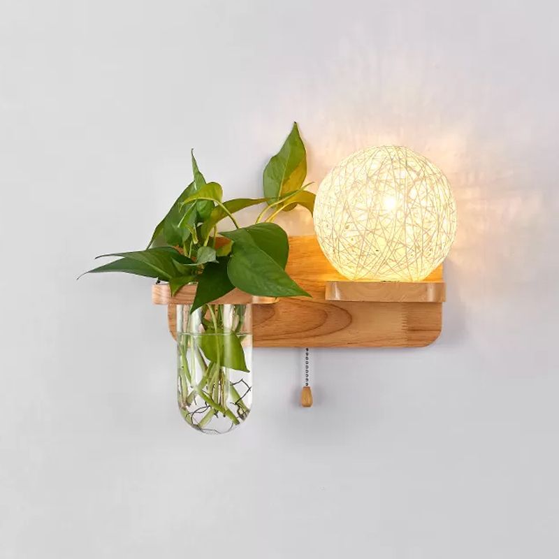 Sphere Shaped Bedside Sconce Lighting Rattan 1-Light Modern Wall Light Fixture with Pull Chain in Wood