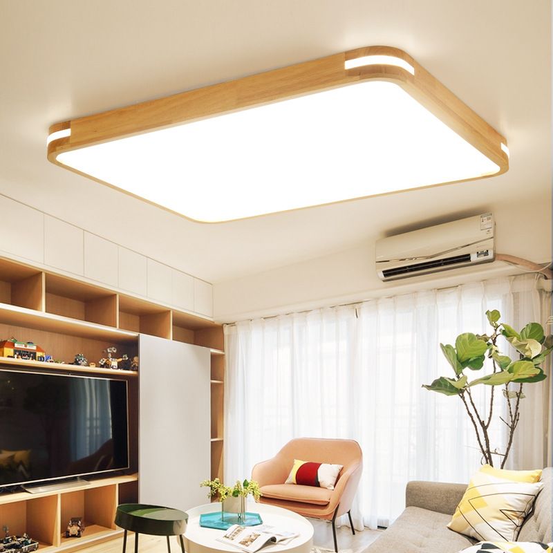 23.5"/31.5"/37.5" Brede Rechthoekige Flush Mount Hedendaagse Houten Beige LED Flush Mount Lamp in Wit/Warm/Natuurlijk Licht met Acryldiffuser