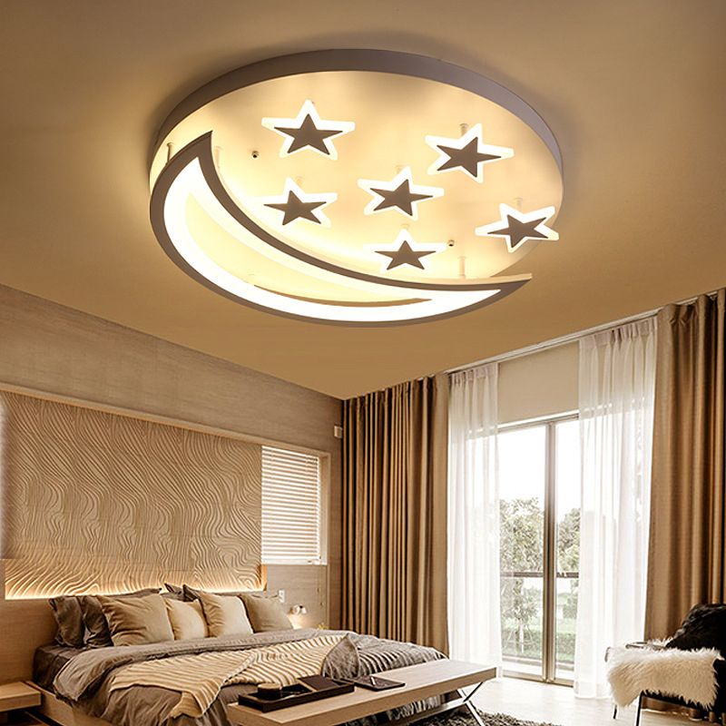 Metal Moon and Star Flush Ceiling Light Kid Bedroom Cartoon Ceiling Lamp in White Finish