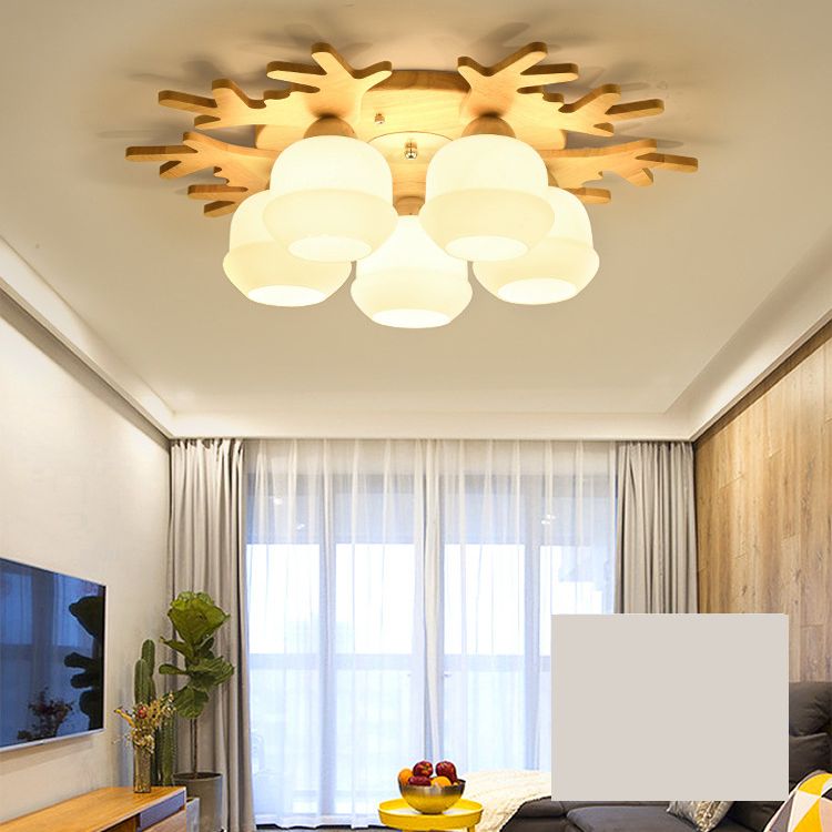 Wooden Semi Flush Mount Lighting Nordic Ceiling Flush Light with White Glass Shade