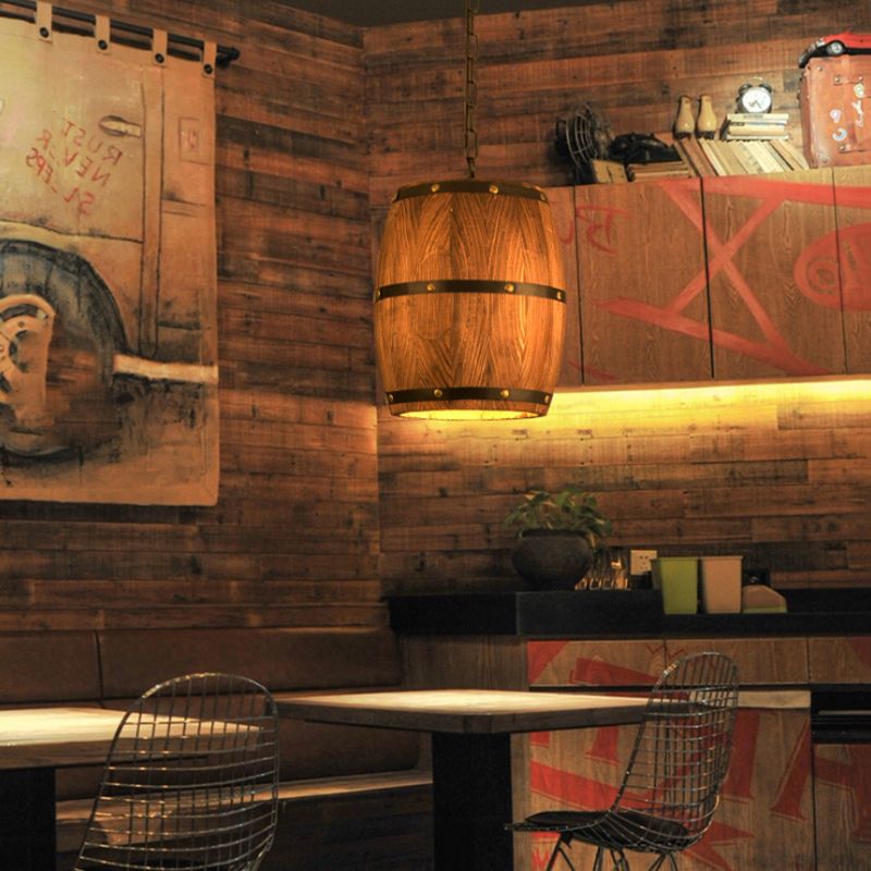 Barrel Restaurant Pendant Light Wood Creative Industrial 1 Light Hanging Light in Brown