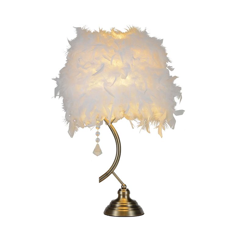 Dome/Tapered Shade Table Light Modern Feather Single Black/Pink/Cream Night Stand Lamp with Teardrop/Curved Rod/Tripod Base