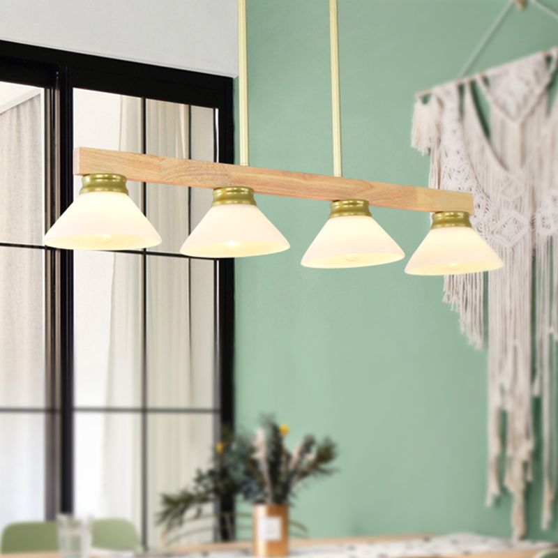 Nordic Linear Wood Hanging Light 4 Heads Island Ceiling Light in Gold/Black Finish with Cone Opal Glass Shade