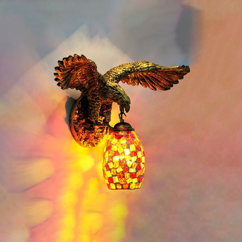 1 Light Balcony Wall Mount Fixture Tiffany Brass Sconce with Elongated Dome Silver/Red/Yellow Stained Glass Shade