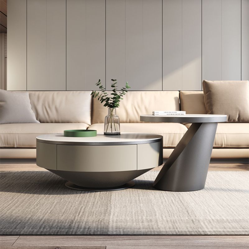 Round Pedestal Coffee Table Glam Stone Cocktail Table with 2 Drawers