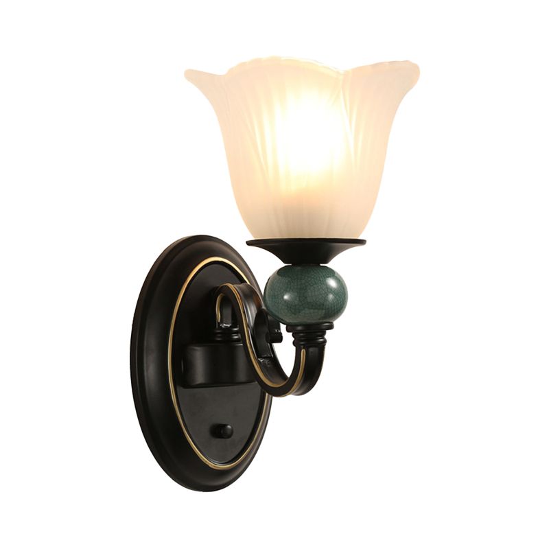 Black Flared Wall Mounted Lamp Traditional Opal Ribbed Glass 1/2-Bulb Bedroom Sconce with Swirl Arm