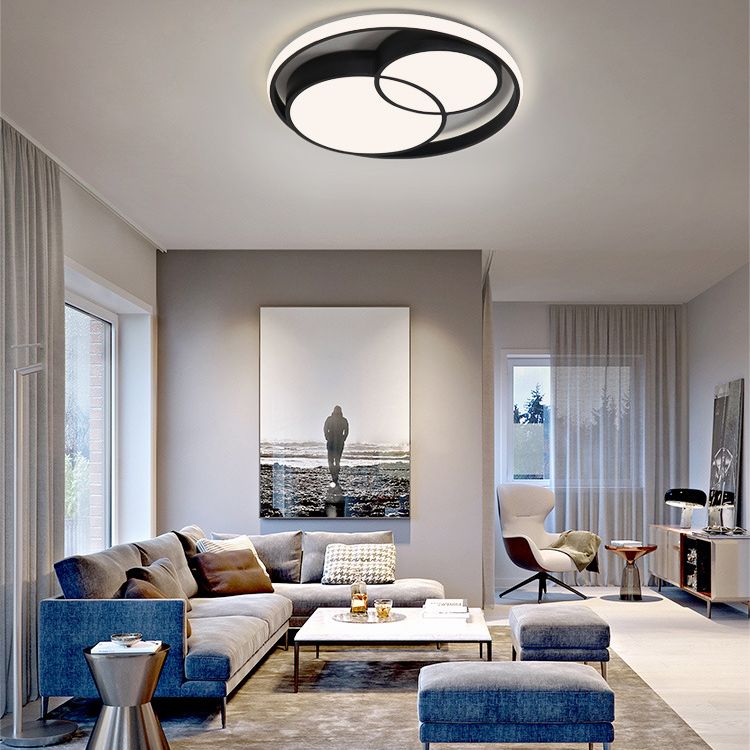 Black Interlocking Circles Design LED Ceiling Light Simplicity Modern Aluminum Lighting Fixture with Acrylic Shade