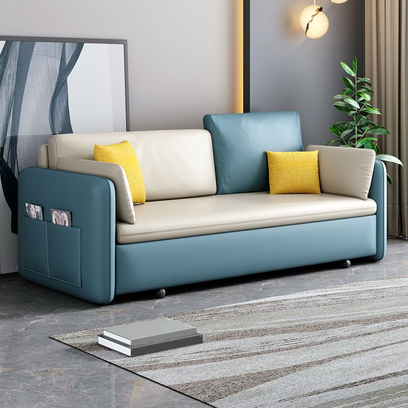 Faux Leather Sofa Bed Contemporary Square Arm Convertible Sofa in Blue