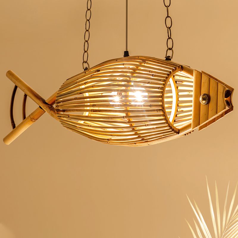1 bulbo de techo de techo lámpara de madera asiática lámpara con sombra de bambú de pescado