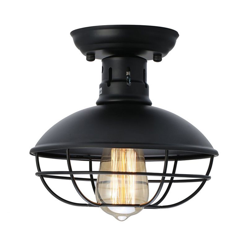Black Bowl Semi Flush Mount Farmhouse Stylish Metal 1 Light Dining Room Semi Flush Ceiling Fixture with Cage Shade