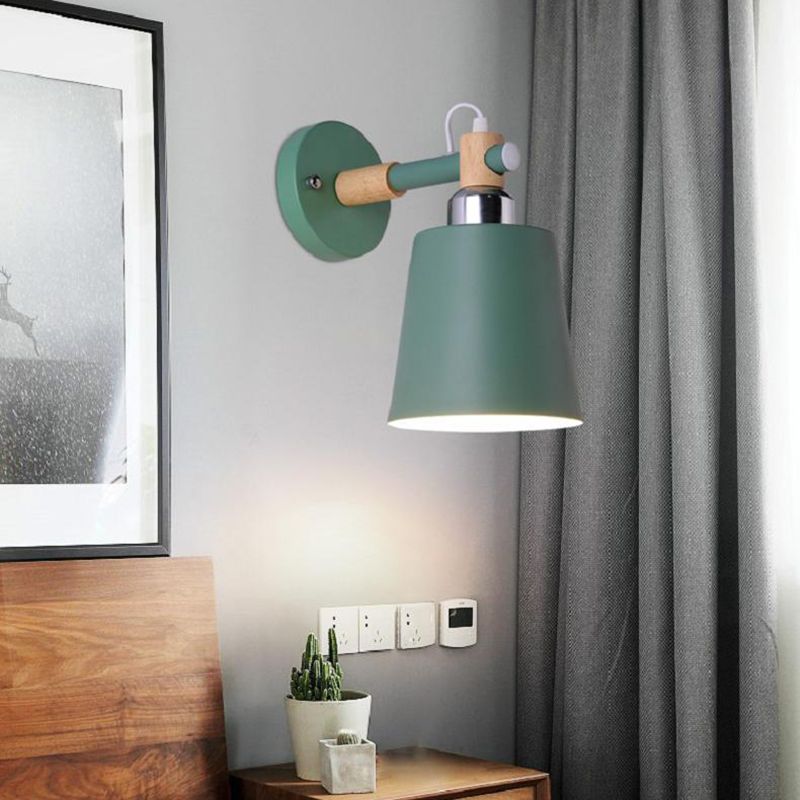 Modern Creative Single Wall Light Wooden Dome Macaron Wall Lamp with Wrought Iron Shade