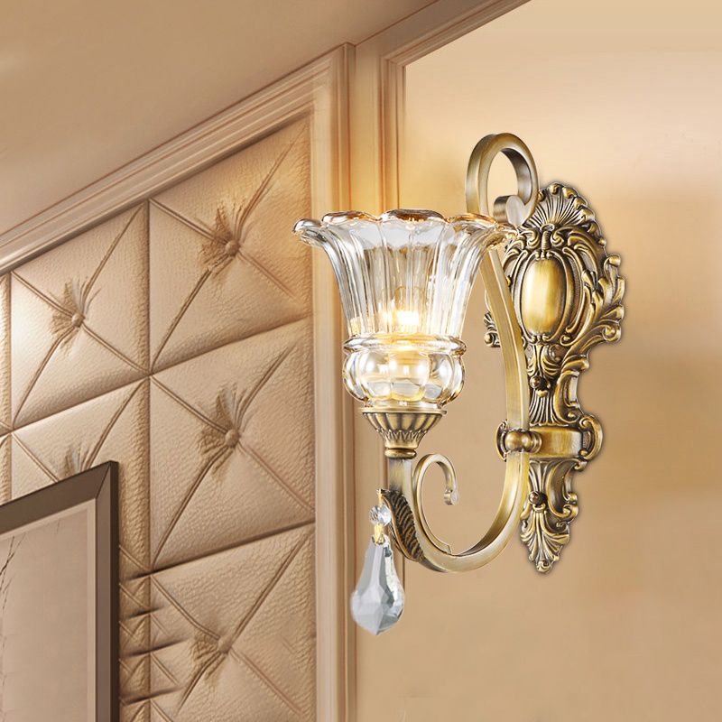 Flower Bedroom Wall Mount Light Clear Glass 1/2 Heads Contemporary Sconce Light in Brass with Crystal Drop
