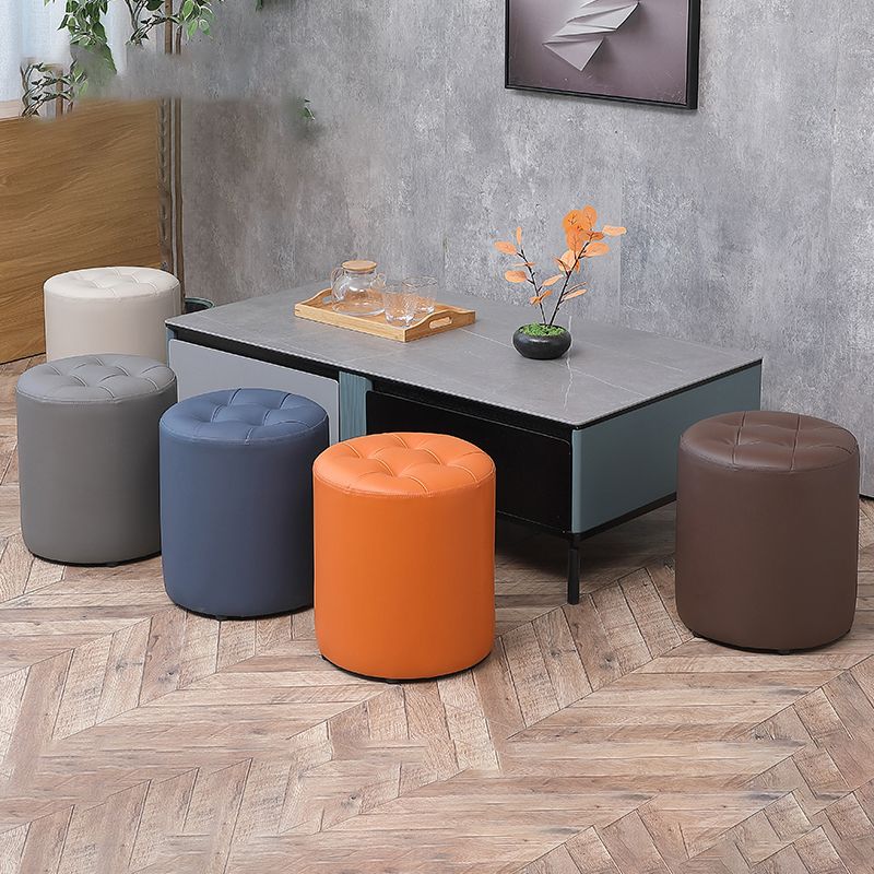 Modern Plain Ottoman Water Resistant Faux Leather Tufted Round Stool Ottoman