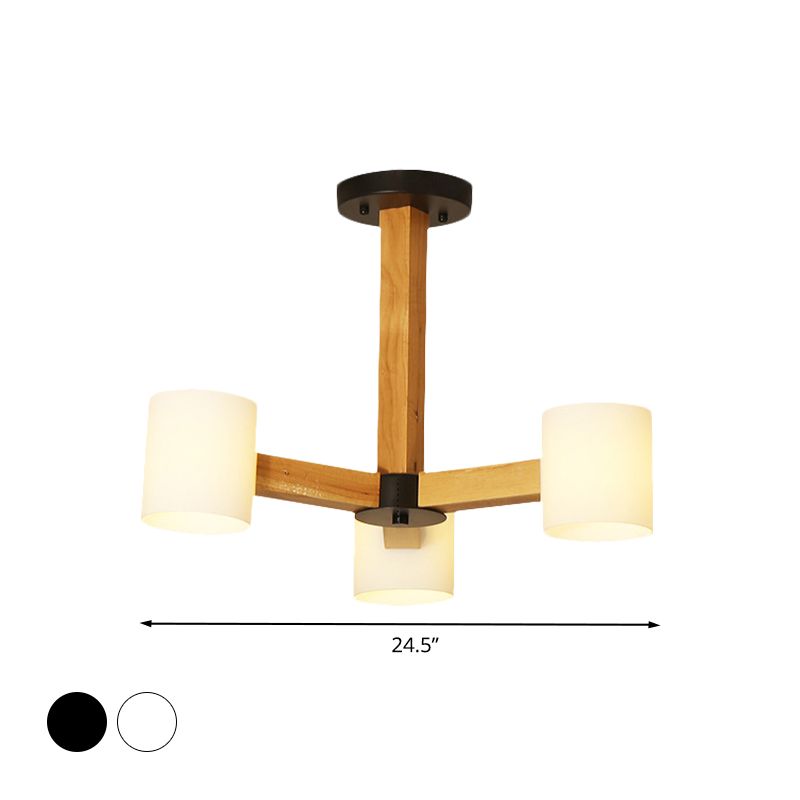 White Cylindrical Shade Pendant Lighting Japanese Stylish Glass & Wood Chandelier for Bedroom