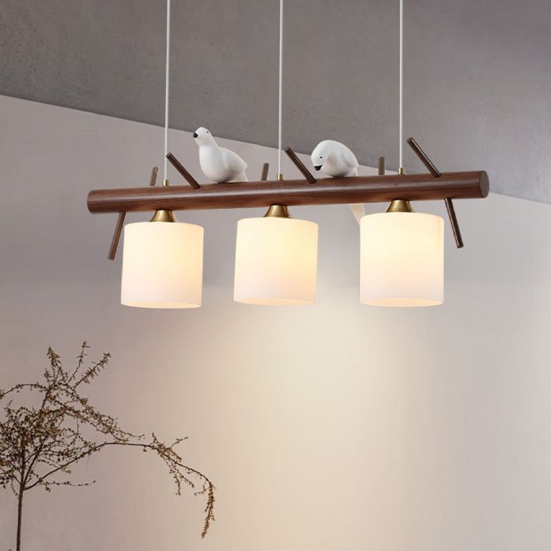 Wood Modern Pendant Light Cylinder Shape Island Light with Glass Shade for Living Room