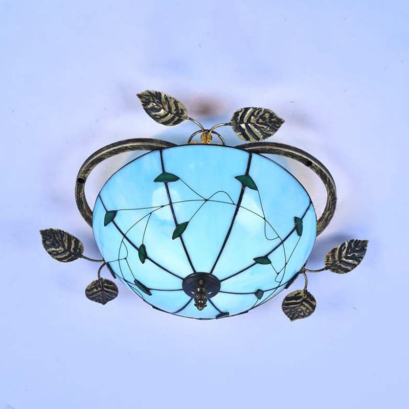 Bowl Flushmount Light Tiffany Stained Glass 3 Bulbs Flush Mount Ceiling Fixture with Leaf Decoration in White/Blue/Green-White/Blue-Green