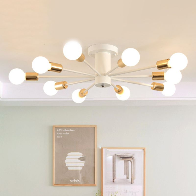 6/8 Heads Bare Bulb Semi Flush Mount Light Vintage Style Black/White Metallic Ceiling Light Fixture for Kitchen