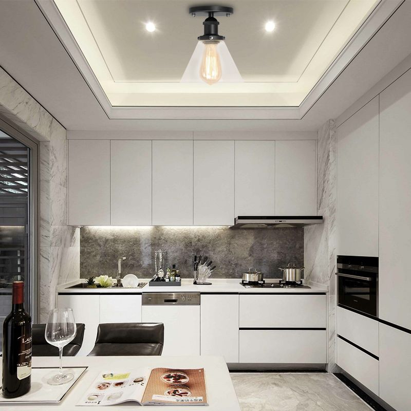 Single Bulb Semi-Flush Mount Industrial Conical Clear Glass Ceiling Light in Black / Brass / Copper