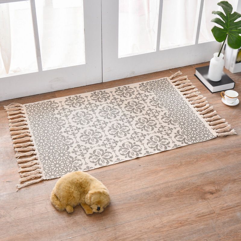 Bohemian Rug Cotton Fringe Carpet Non-Slip Backing Area Rug for Living Room