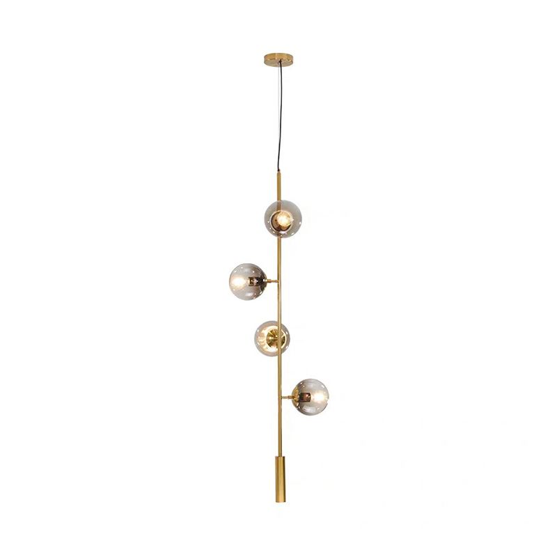 Modernist Globe Pendant Lighting Grey Glass 4 Bulbs Living Room Ceiling Chandelier in Gold with Pencil Arm