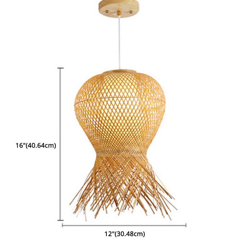 Beige Hand-Woven Pendant Chinese Style 1 Bulb Bamboo Hanging Light for Dining Table