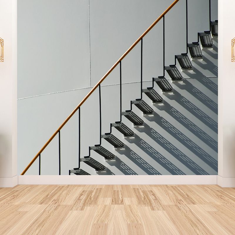 Grey Partial Stairs Mural Wallpaper Moisture Resistant Wall Decor for Sitting Room