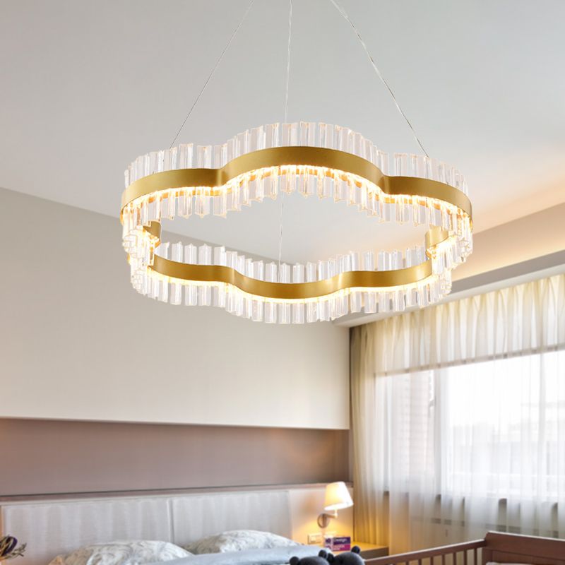 1/2 Tiers Flower Living Room Ceiling Chandelier Crystal 23.5"/31.5" Wide Led Minimalist Hanging Light Kit in Black/Gold