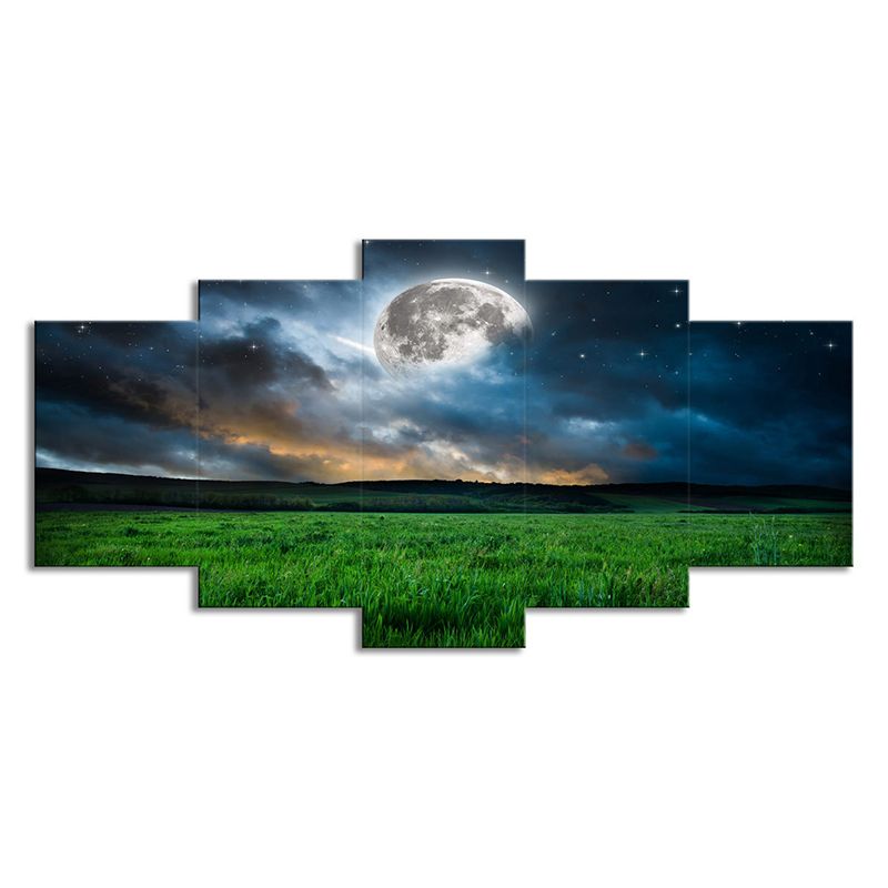 Green Meadow Landscape Wall Art Starry Moon Night Fictional Multi-Piece Canvas Print