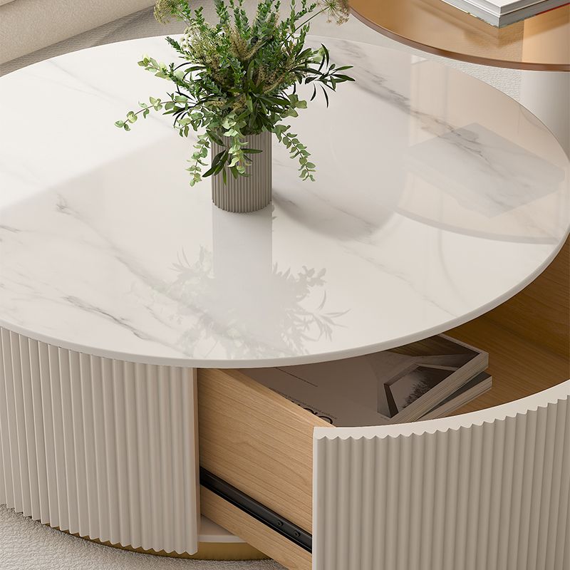 Modern Stone Drum Coffee Table with Storage Dia 31.5" Cocktail Table in Withe